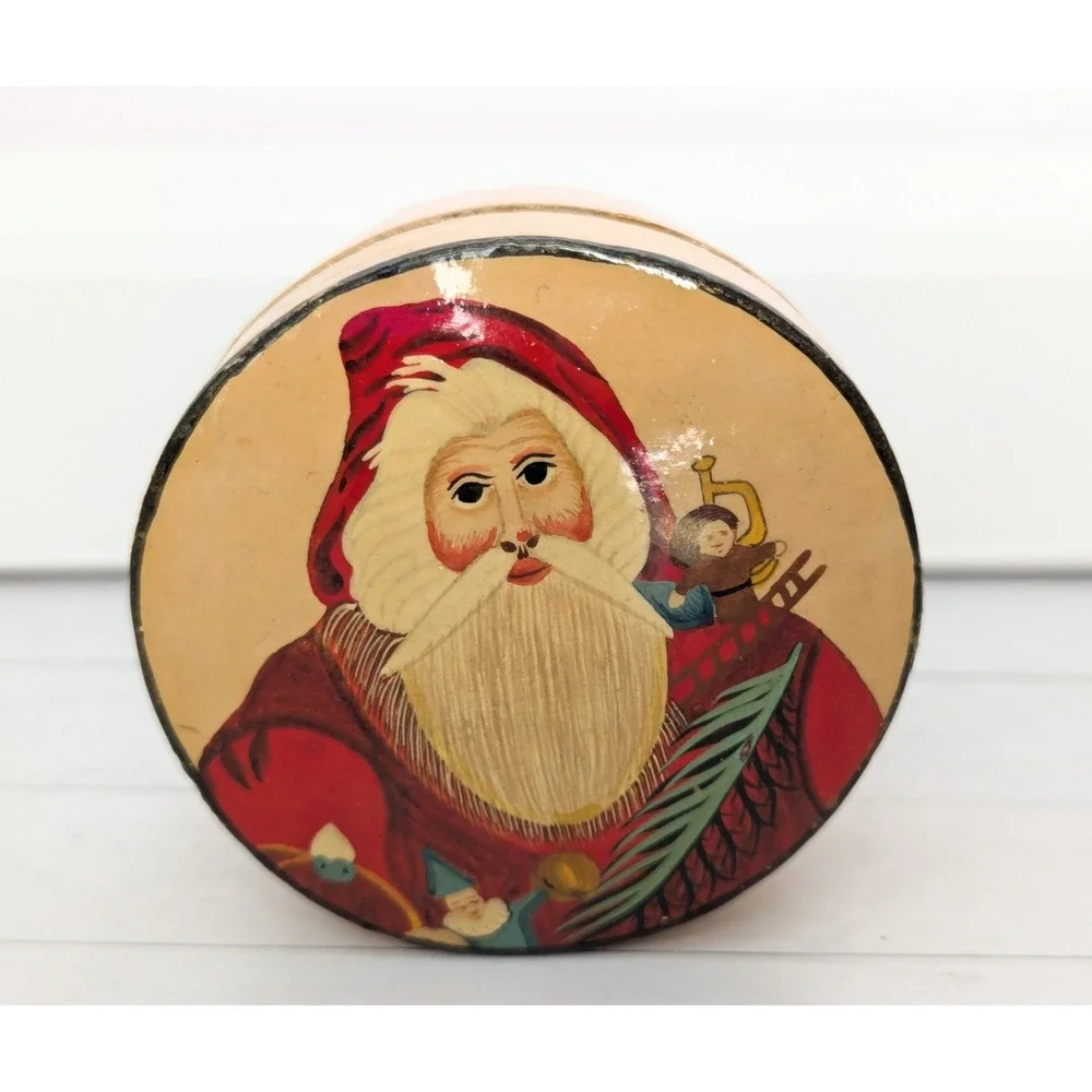Vtg Hand Painted Paper Mache Lacquer Trinket Box Santa Christmas Box Lid India